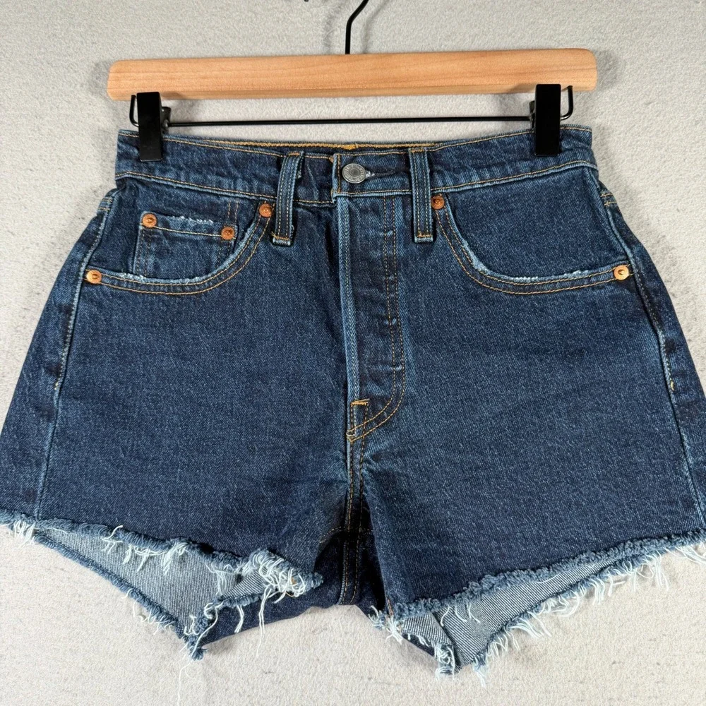 Levis 501 Original High Rise Denim Shorts Dark Indigo Raw Hem W24 56327-0236